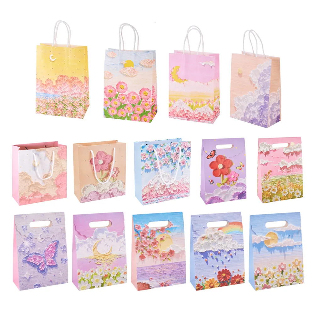 Imitation Relievo Pattern Paper Gift Handles Bag Flower Rectangle Multi-color Merchandise Tote Bags Jewelry Packaging Handbags