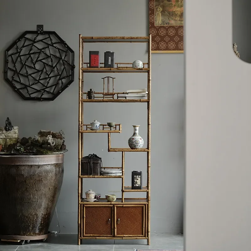 Bamboo Tea Cabinet Floor Standing Sideboard with Split Layer Storage Display Shelf for Living Room