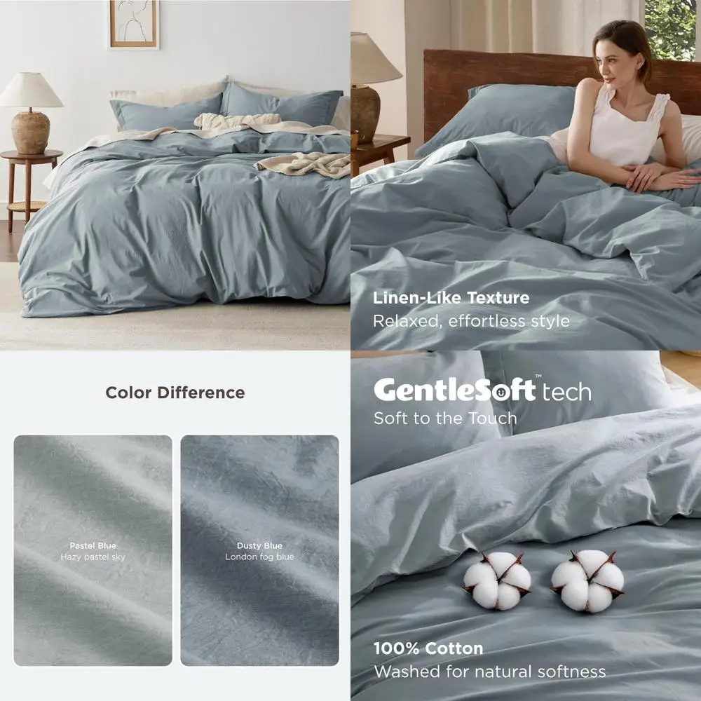 

Пододеяльник королевского размера из 100% хлопка — пыльно-синий минималистичный стиль для всех сезонов, нежная стирка, льняная отделка