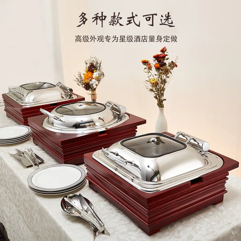 Hotel Stainless Steel Chafing Dish Electric Buffet Warmer Wood Base Commercial Food Heating Pan