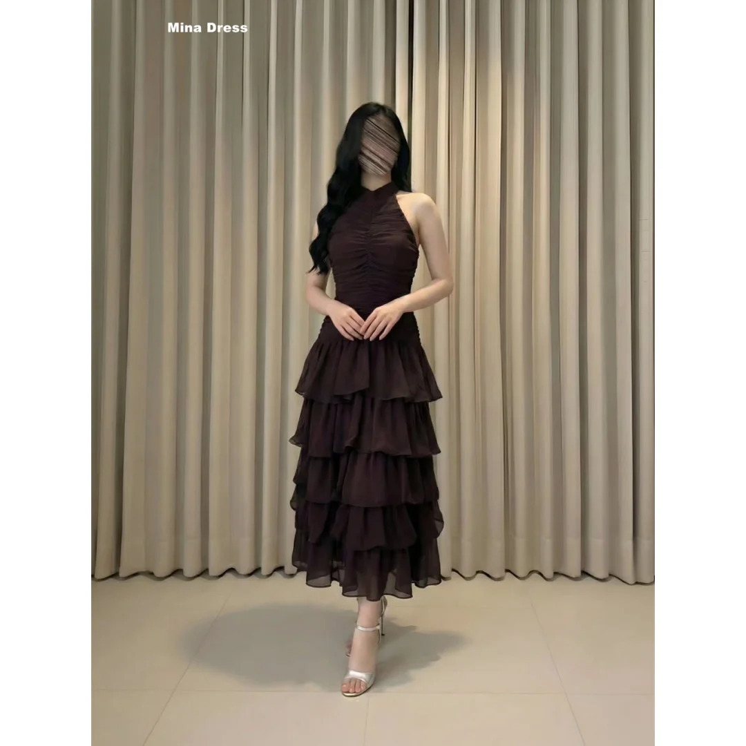 

Изысканное коричневое вечернее платье Mina на заказ, плиссированное, многослойное, роскошное, без рукавов, с круглым вырезом, для особых случаев