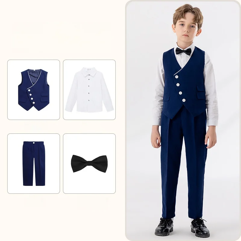 

Детский костюм с жилетом на боковых пуговицах, брюками и галстуком-бабочкой для мальчиков: наряд для свадьбы, дня рождения, школы, выступлений