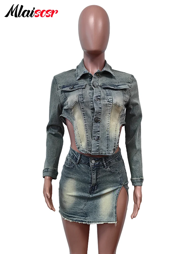 Mlaiscsr Vintage Washed Denim Stretch Open Side 2 Two Pieces Women Sets Jean Jacket and Mini Skirts Birthday Club Street Outfits