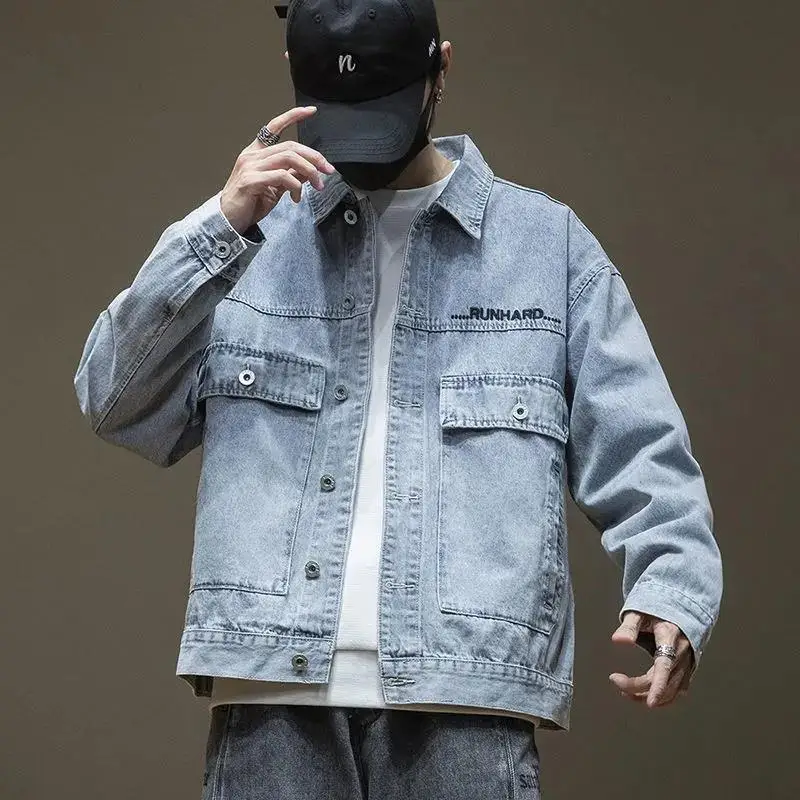 

Men Denim Coats Three-dimensional Embroidery Denim Tops Man Hip Hop Letter Loose Long Sleeves Jacket Spring and Autumn Outerwear