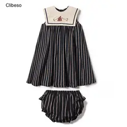 2024 Summer Dresses Set for Girls Kids Hand Made Embroidery Sleeveless Stripes Print Dress with Bloomers Children Clothes Outfit