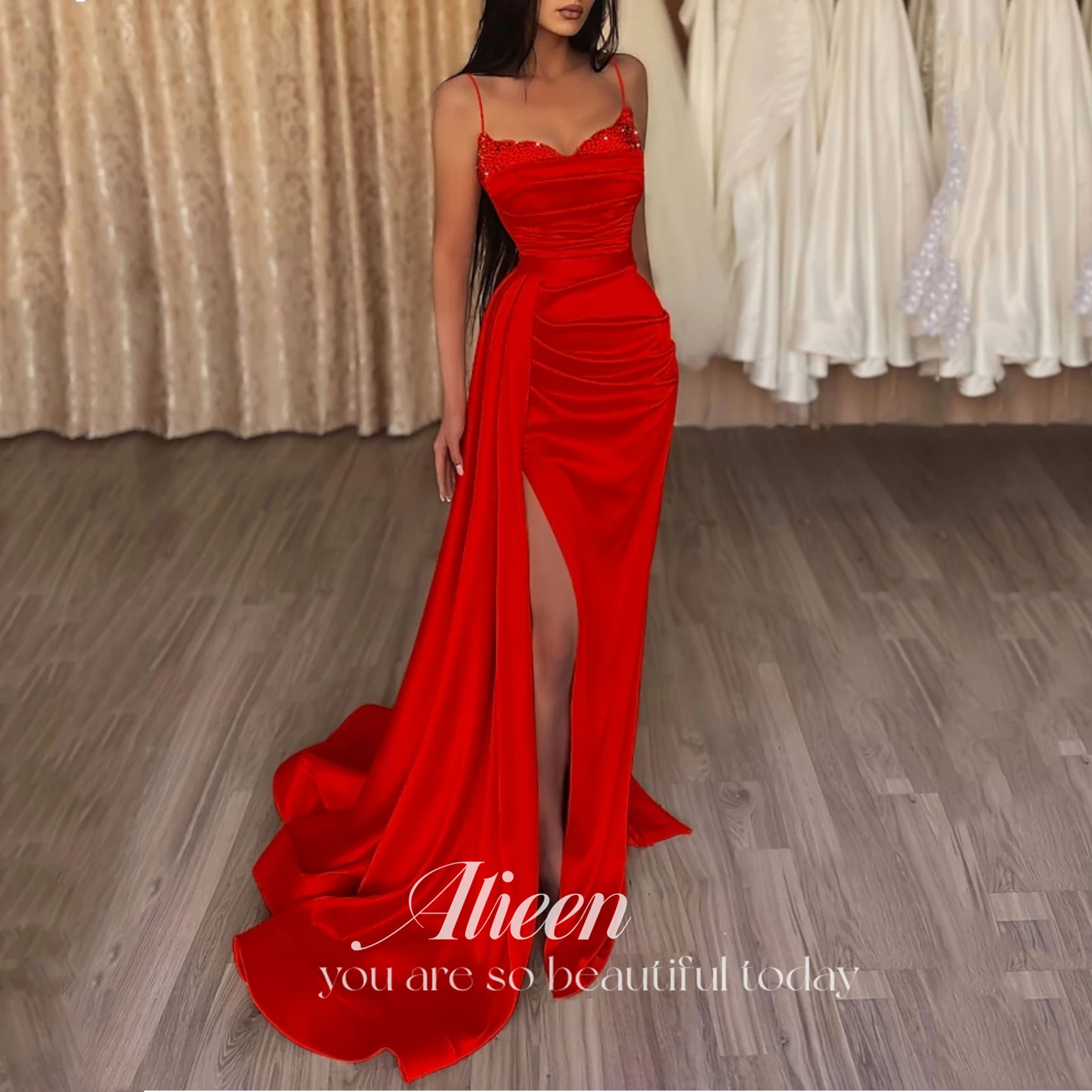 

Aileen Red Guest Wedding Party Dress Women Elegant Luxury Arab Cocktail Dresses for Women Gala Suspenders Satin Mermaid Evening