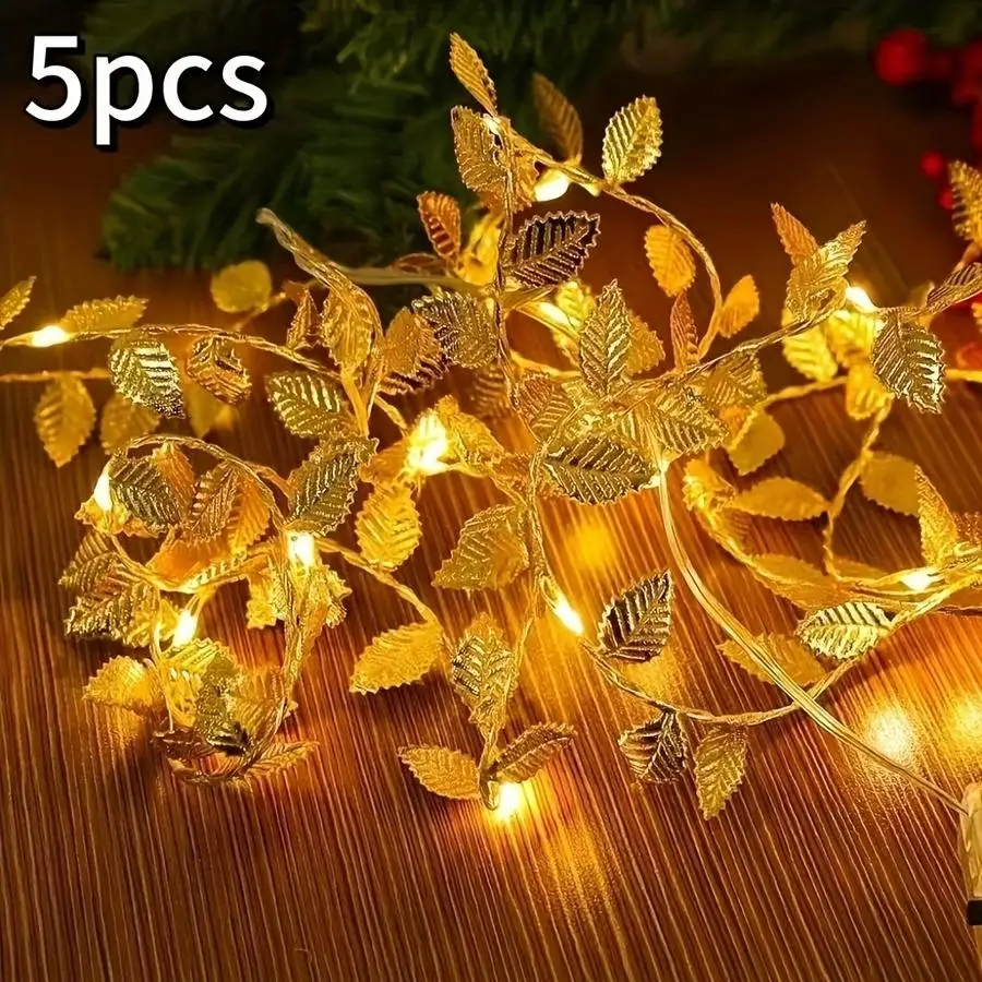 1/5/10/20/50/100pcs Golden leaf light string 2 meters 20 lights decorative lights, 2 AA batteries powered (batteries not include