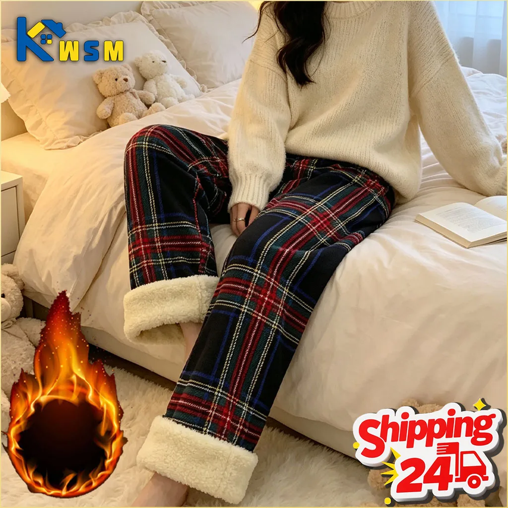 Womens Plaid Wide Leg Fleece Lined Pants High Waisted Loose Fit Winter Warm Thickened Casual Lounge Trousers for Daily Wear