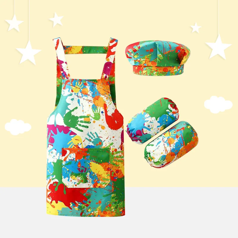 Children Waterproof Apron Kids Play House Costume Eating Drawing Cover Bib Kindergarten Art Dress-Up Sets With Hats Arm Sleeve