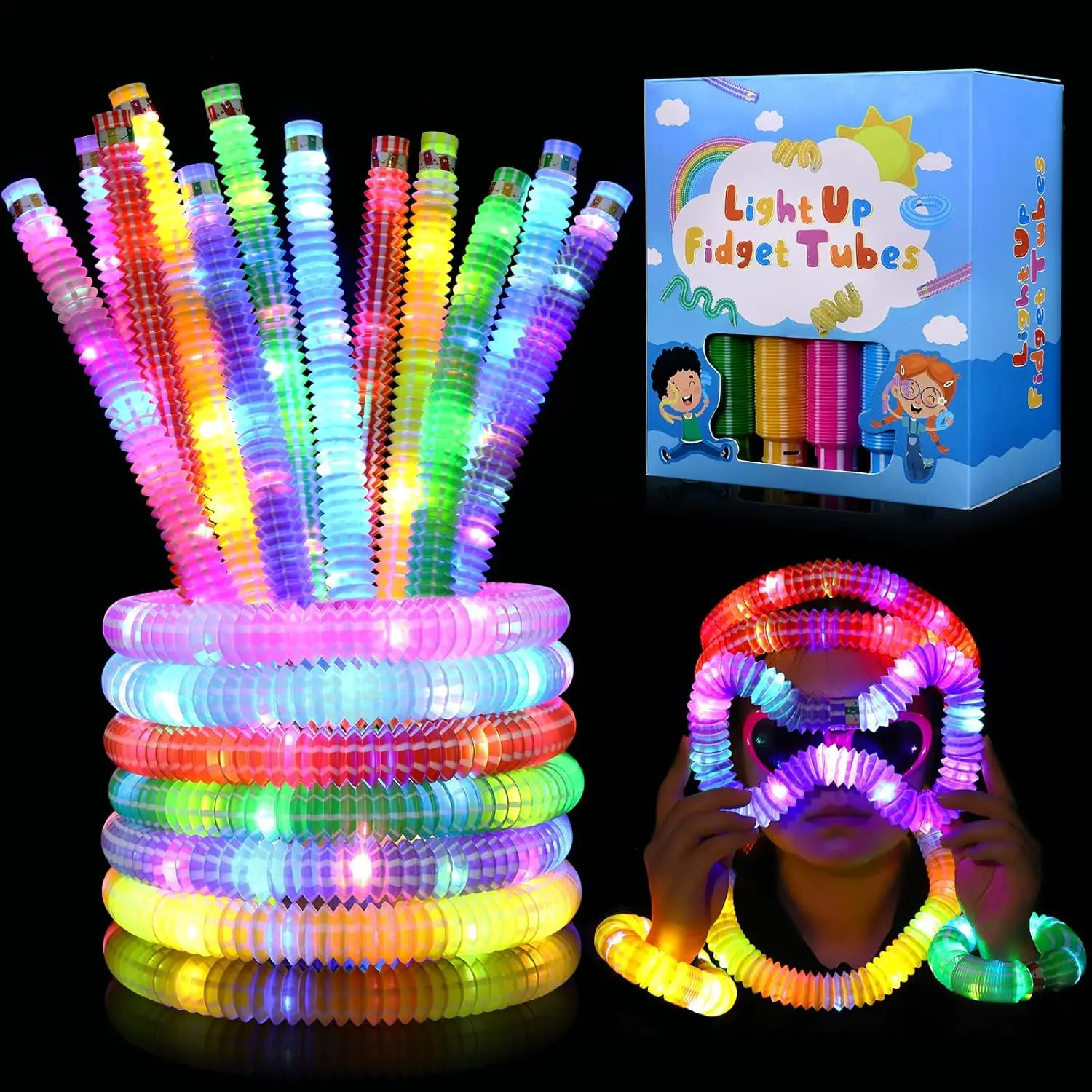 

48PCS LED Glow Pop Tubes for Kids – Light Up Fidget Toys for Glow Party, Sensory Toy Birthday Favors for Children