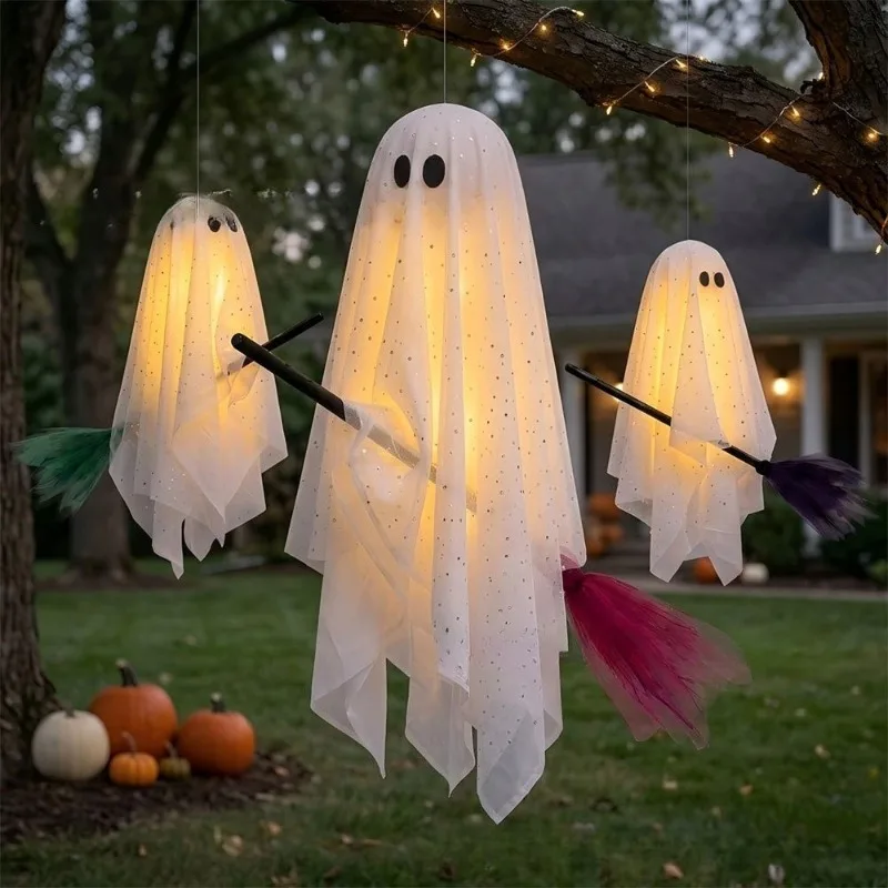 3 Pack Hanging Broom Ghost Ornaments Creative Halloween Ghost Pendant Decor for Front Porch Yard