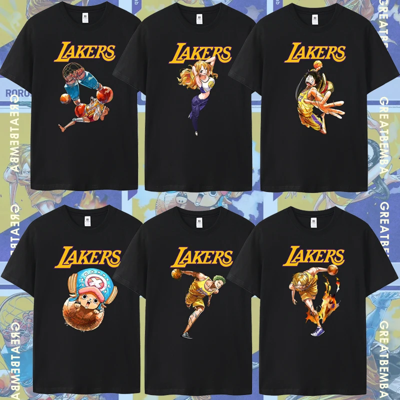 2025 Lakers Home Joint ONE PIECE เสื้อยืดแขนสั้นบาสเกตบอล Luffy Sanji Sauron Choppa เสื้อผ้าฤดูร้อน