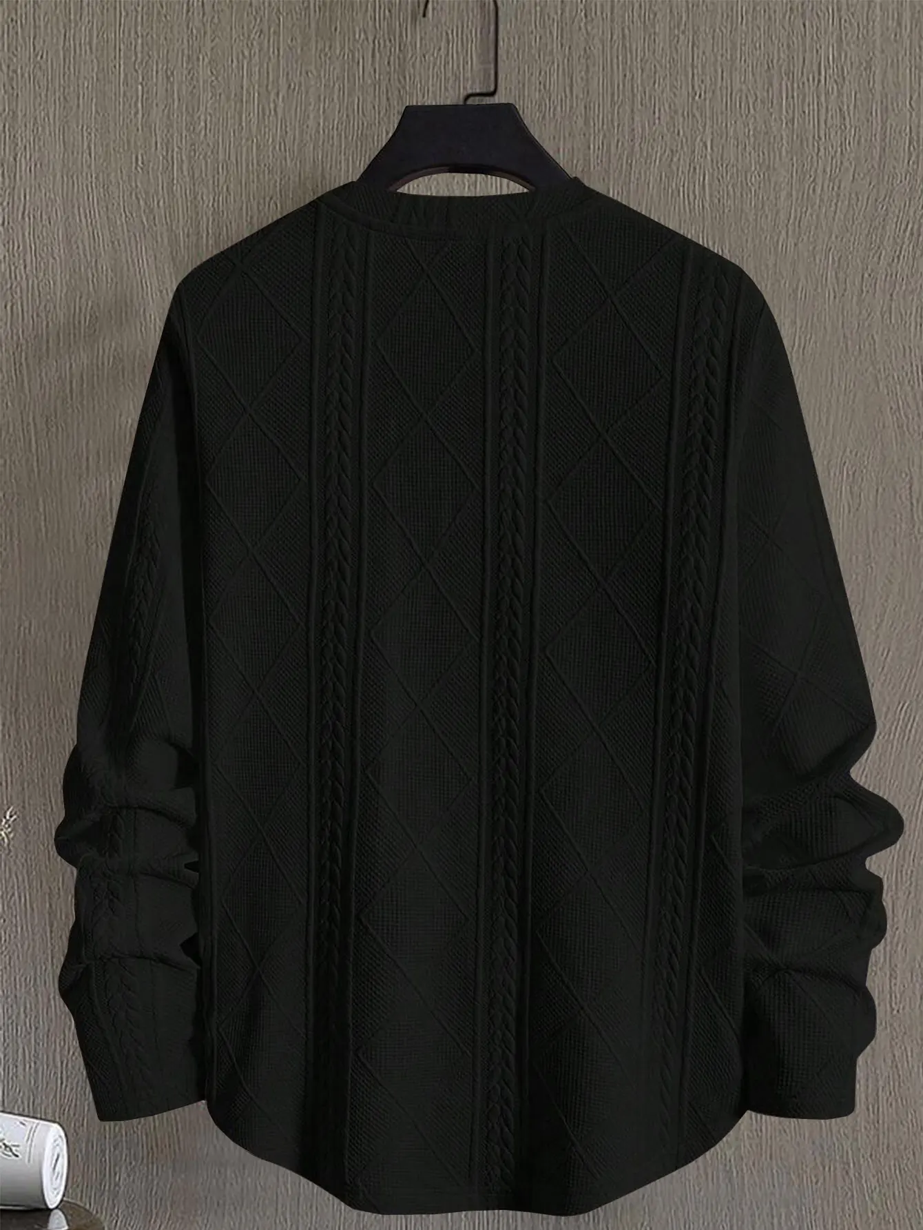 Men's Regular Fit Textured Knit T-shirt Long Sleeve round Neck Casual Patched Detail Top for All Seasons Fashion