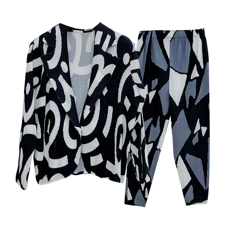 2026 Autumn and Winter New Printing Thick Material Large Toothpick Set Blazer + Pants Two-piece Loose Women's Clothing
