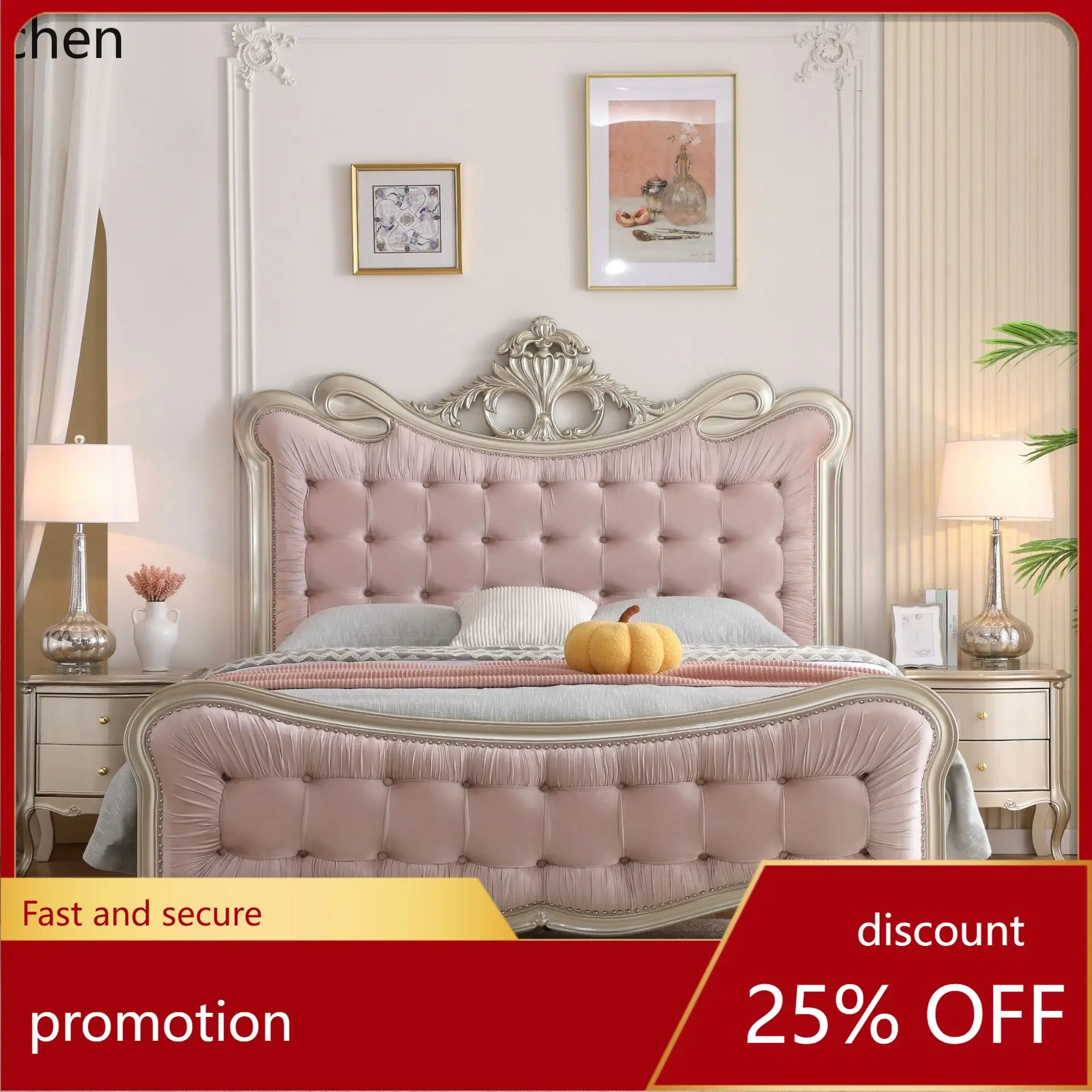 

HXL Luxury Solid Wood Bed Master Bedroom Double Luxury Soft Backrest Large Bed Crown Bed