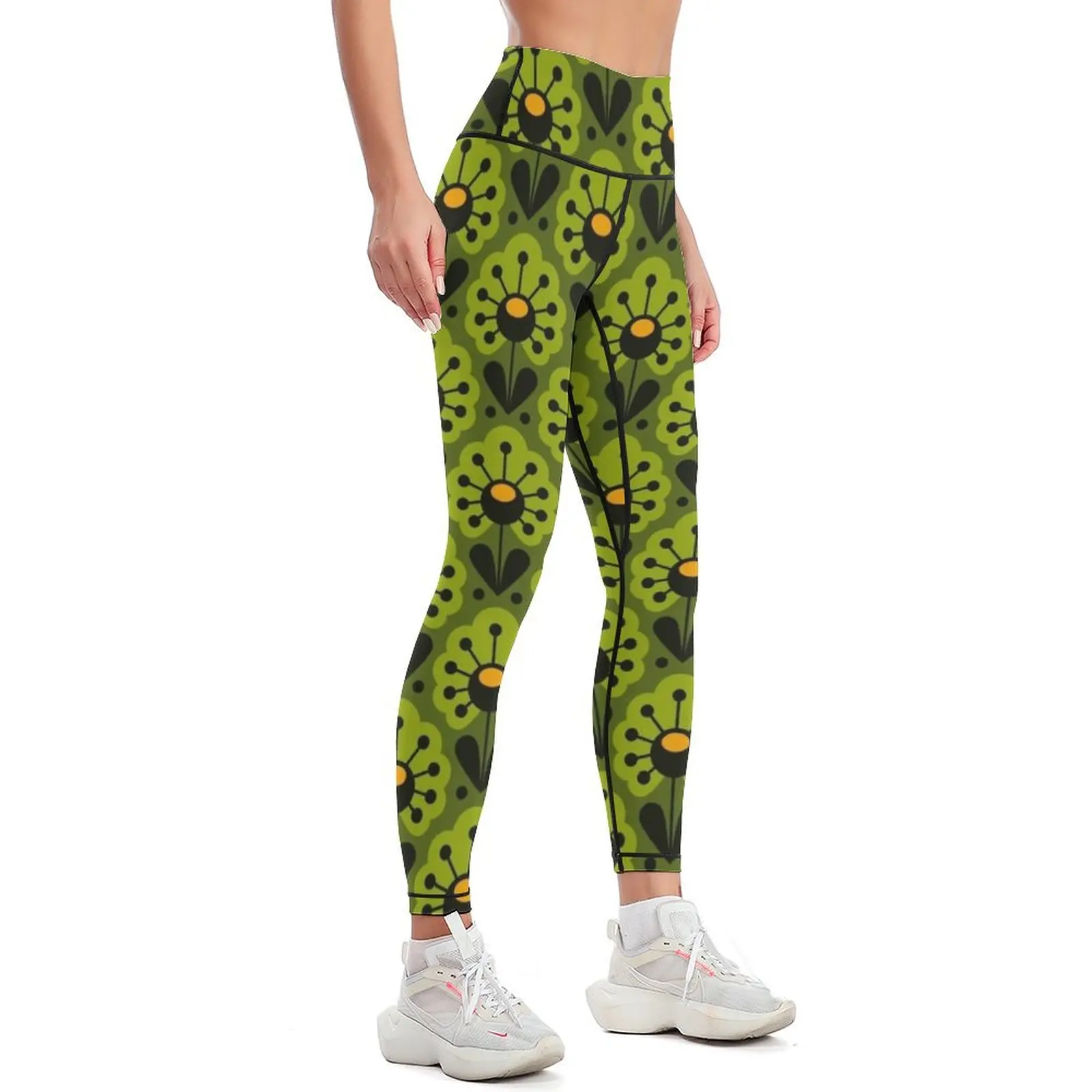 Leggings femininas de cintura alta verde brincalhão, leggings push-up, flores retrô, 0917