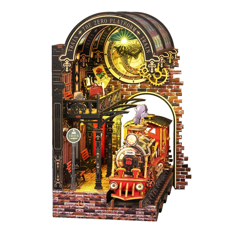 DIY Wooden Miniature Book Nook Kit Railway Station Platform House Puzzle Model Bookshelf Decoration Handmade Craft Gift