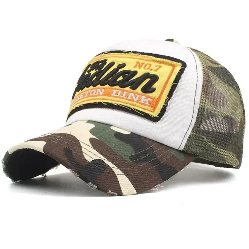 Vintage Camouflage Mesh Trucker Hat Indian No.7 Embroidered Patch Adjustable Baseball Cap for Men Women