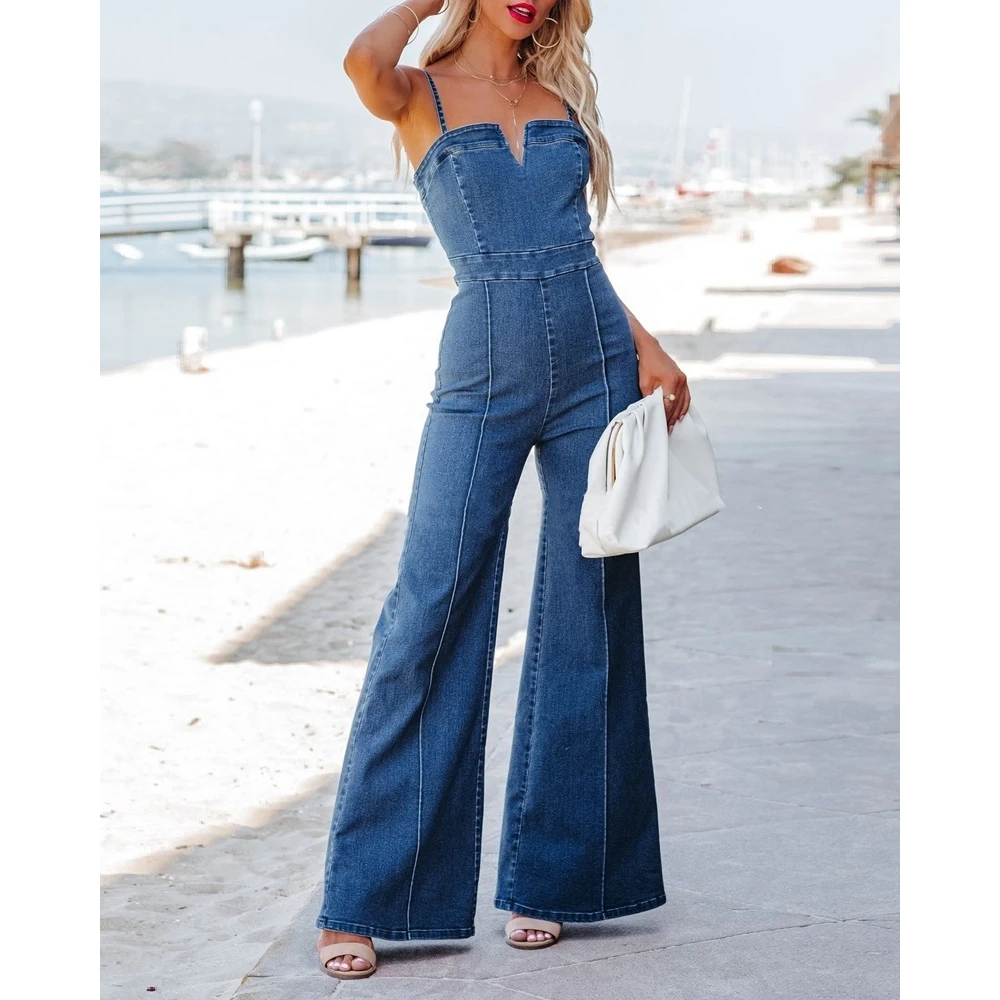 

Women Spaghetti Strap Denim Flared Jumpsuits Summer Casual Lady V Cut Skinny Backless Jumpsuit One Piece 2024 New in Clothing