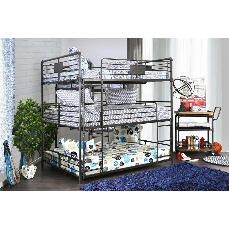 

Industrial Style Full Over Full Bunk Bed with Attached Dual Ladders, Metal Pipe Frame, Upper Guard Rails, Antique Black Finish