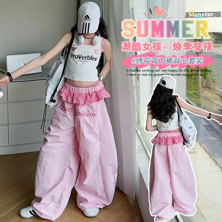 Summer teen girls clothes cotton Tank Top t-shirt Paratrooper Pants junior kid Lotus leaf edge waist trousers 4-14 child outfits