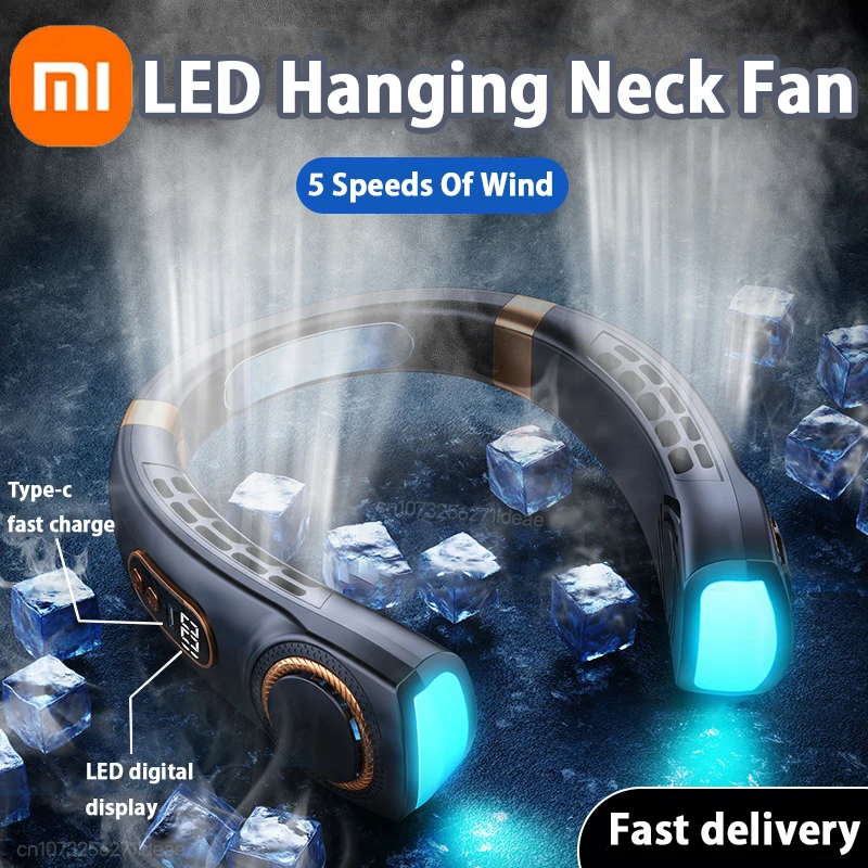 Xiaomi 8000mAh USB Hanging Neck Fan Portable Bladeless Mini Rechargeable Mute LED Digital Display Electric Fans Air Cooler New