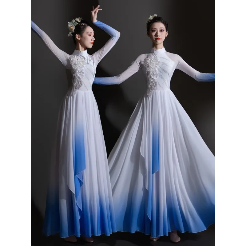 أزياء الرقص الكلاسيكي أنثى أنيقة بيضاء افتتاح الرقص تنورة سوينغ كبيرة أزياء مسرحية الجنية الكبار