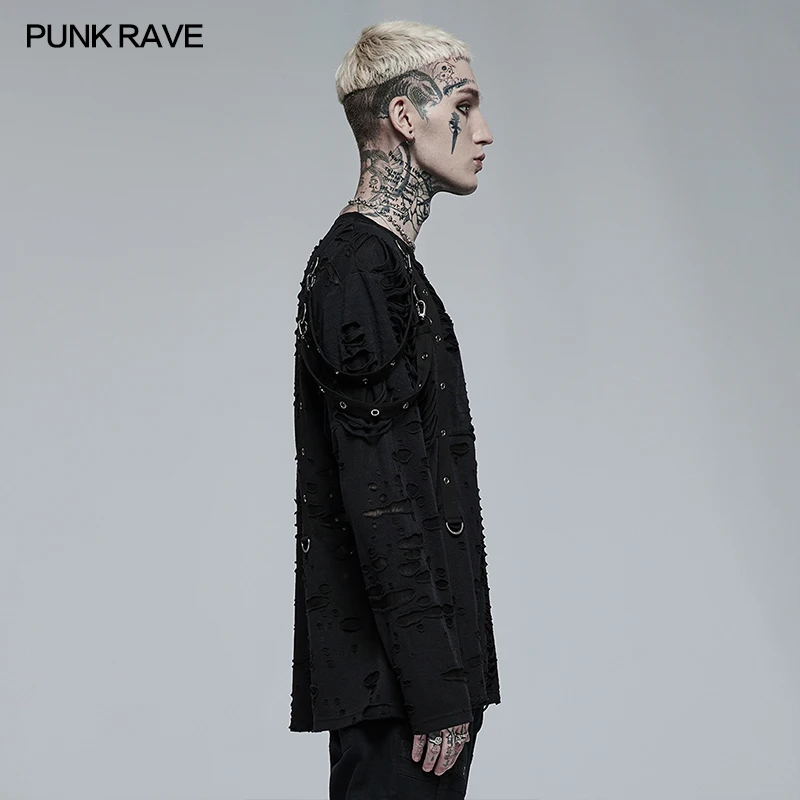 PUNK RAVE Men\'s Gothic Daily Wear Knited Broken Holes Long Sleeve T-shirt Punk Harajuku Loose Black Tops Spring Autumn