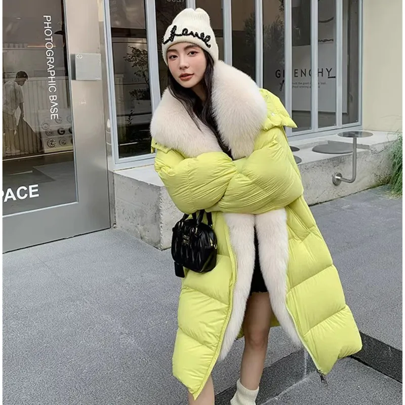 2025 ใหม่ฤดูหนาวยาวHooded Goose Down Down Jacketสําหรับผู้หญิงที่ถอดออกได้Fox Fur Collar Thicken Fur CoatsหญิงParker