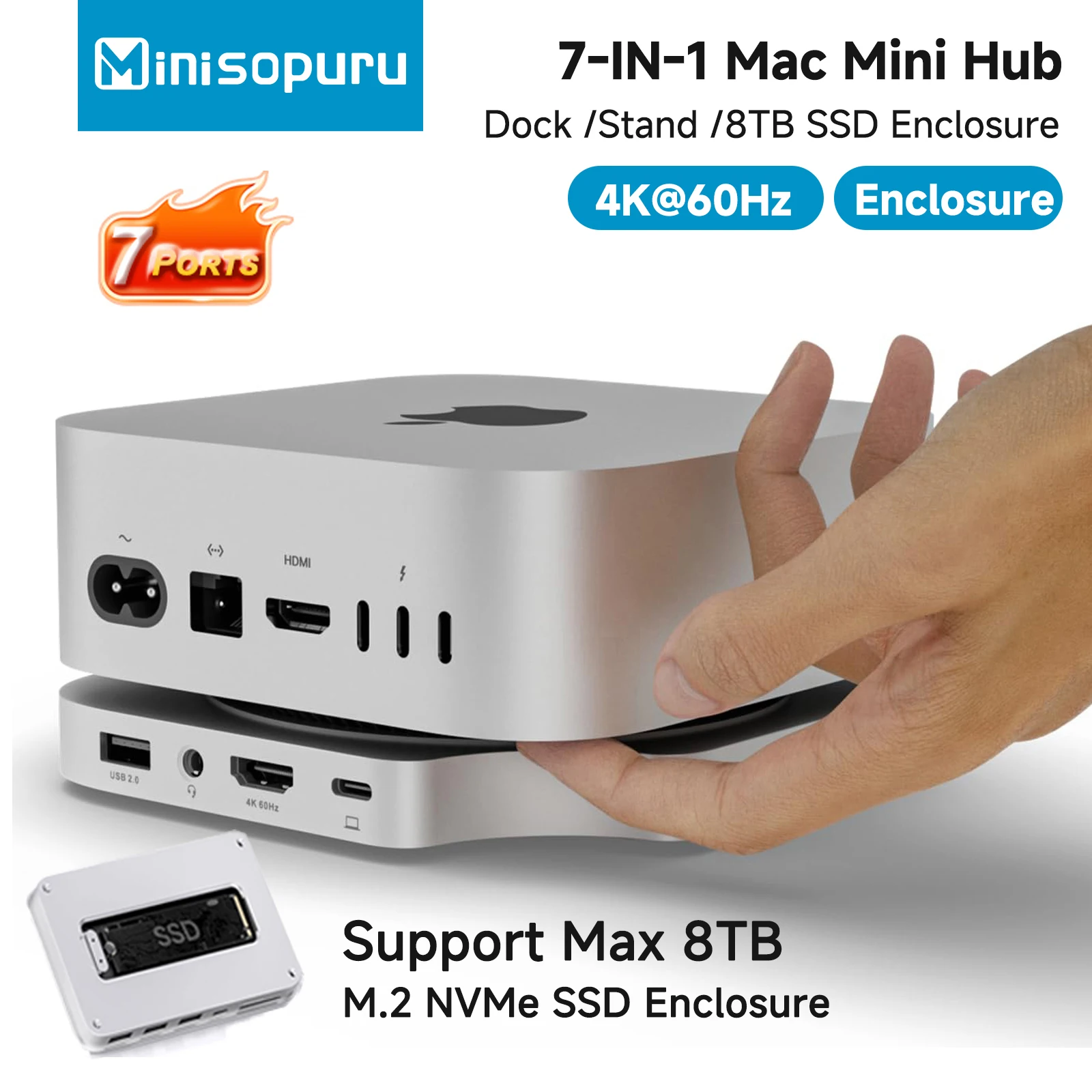 

Minisopuru Mac Mini M4 HUB Dock Stand with 8TB M.2 NVMe SSD Case 4K 60Hz HDMI SD/TF Card Reader USB Hubs for Mac Mini M4/M4 Pro