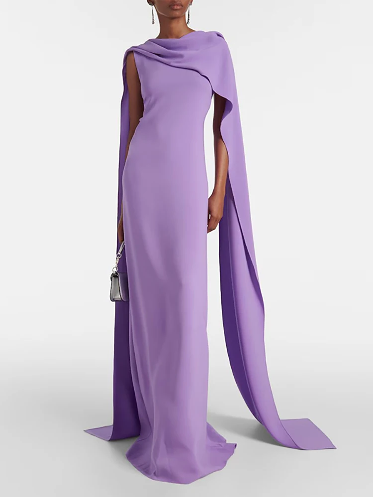 

Sexy Sleeveless Folds Maxi Dress With Draped Cape Women Purple Draped Deaign Slim Long Dresses Evening Party Formal Gowns