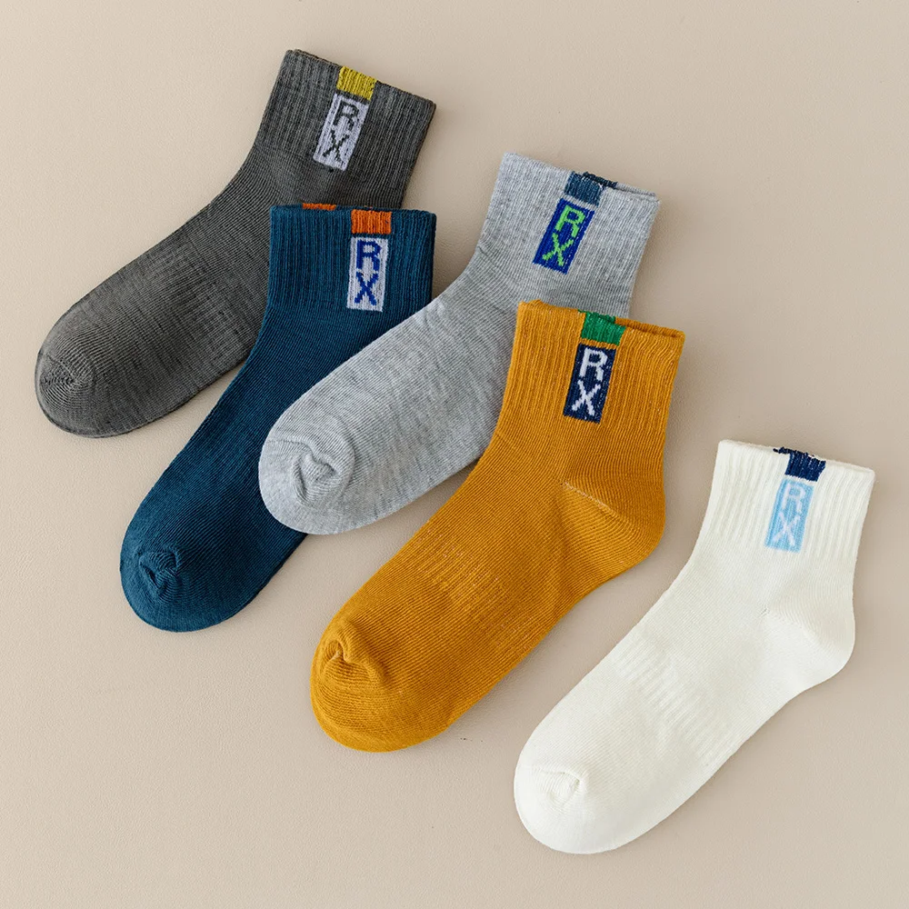 5/10 pairs of children's socks, boys' spring, autumn, and winter socks with letters RX, student sports socks, breathable and swe