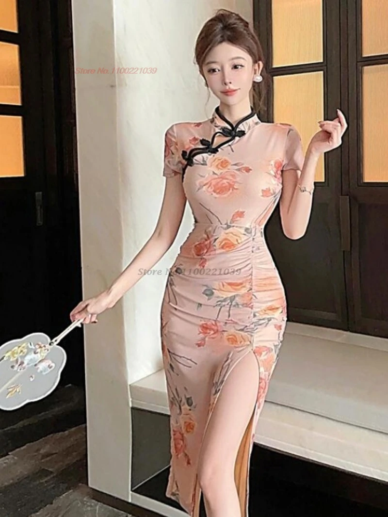 

2025 chinese sexy dress improved cheongsam national flower print mesh qipao dress elegant nightclub dress banquet evening dress