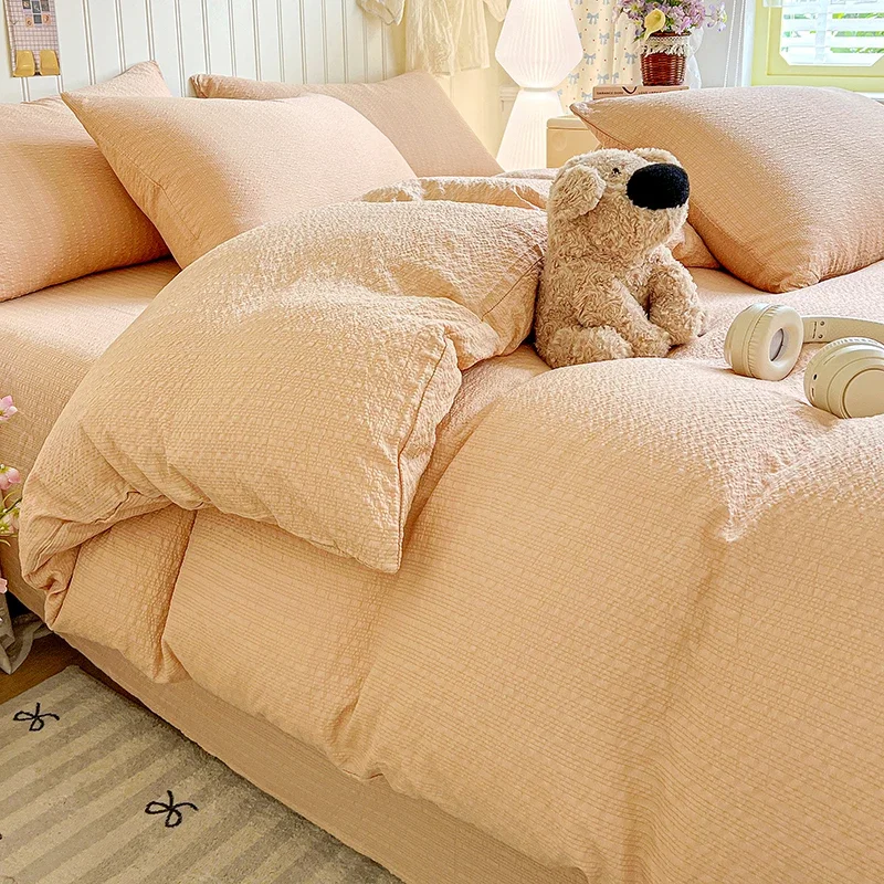Candy Color Seersucker Quilt Cover Set or Single Duvet Covers Ultra Soft Skin-Friendly Bedding Set Comfortable Solid Duvet Cove
