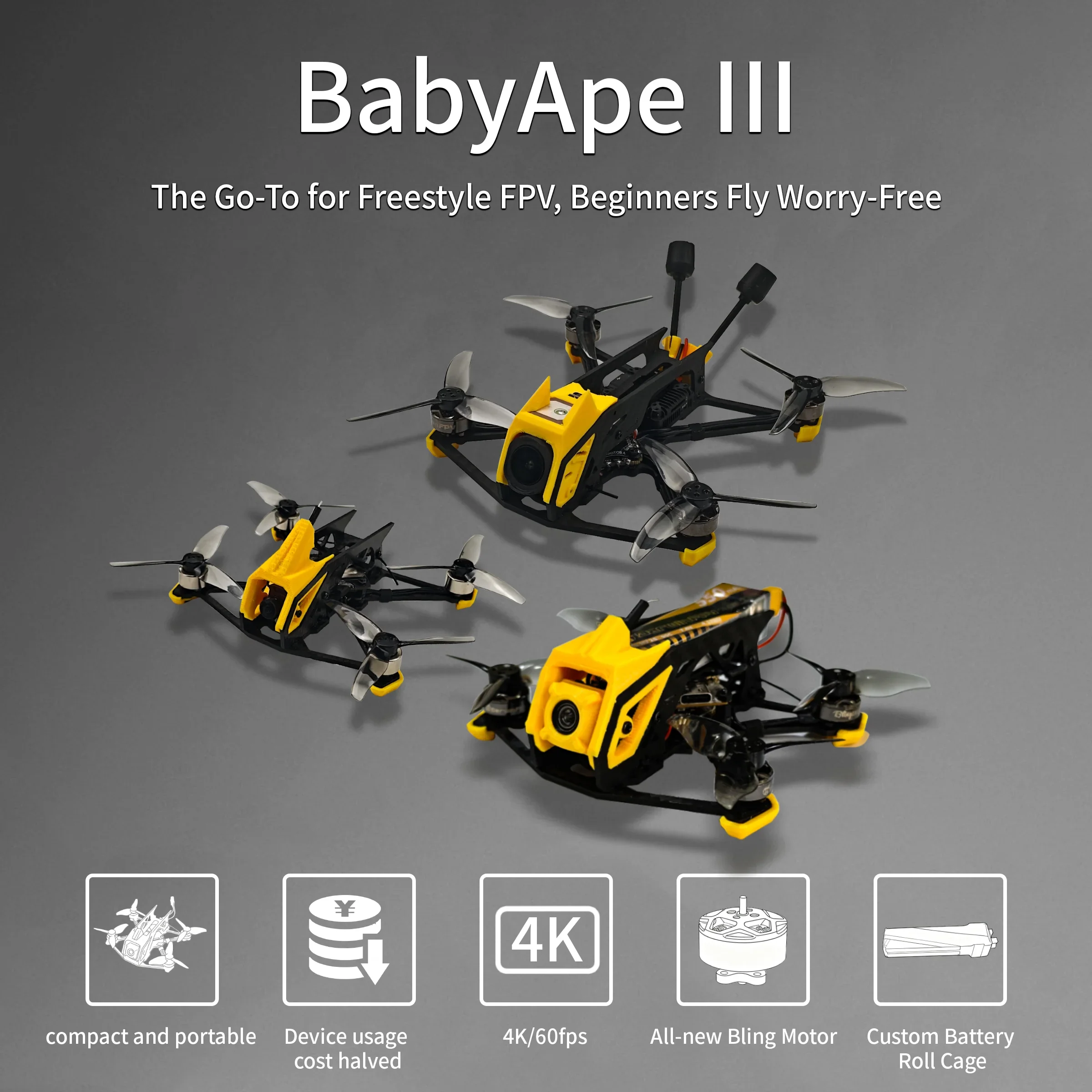 DarwinFPV BabyApe Ⅲ Mini 2 Inch ELRS 2.4G Freestyle FPV Brushless Drone for Analog VTX, Walksnail Avatar VTX, DJI O4 Air Unit
