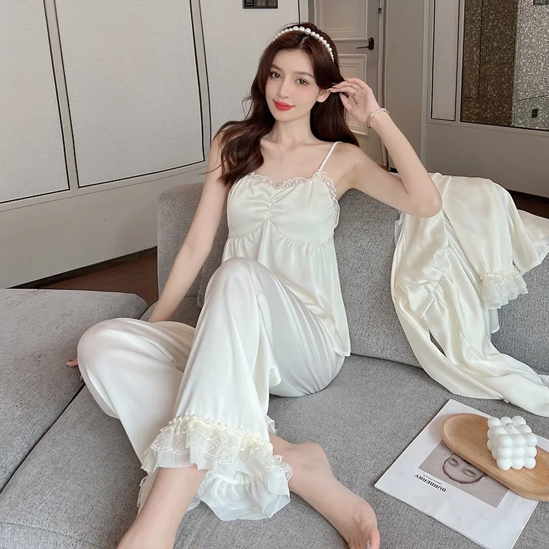 Women's Three-piece Set Pajamas Summer Suspender Ice Snow Silk Long-sleeved Lace Cardigan Simple Thin Spring Autumn Loungewear