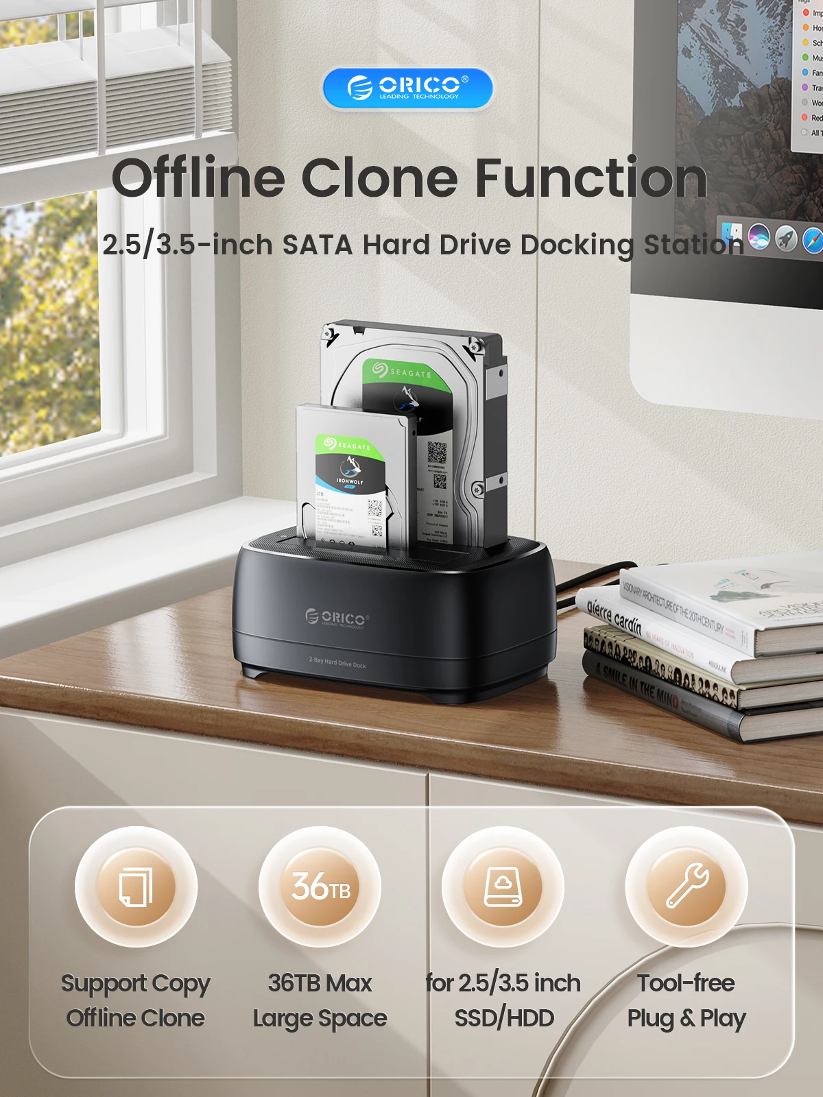 ORICO Offline Clone Hard Drive Docking Station USB3.0 & Type-C 5Gbps Dual-bay Hard Disk Enclosure 2.5/3.5 Inch HDD/SSD