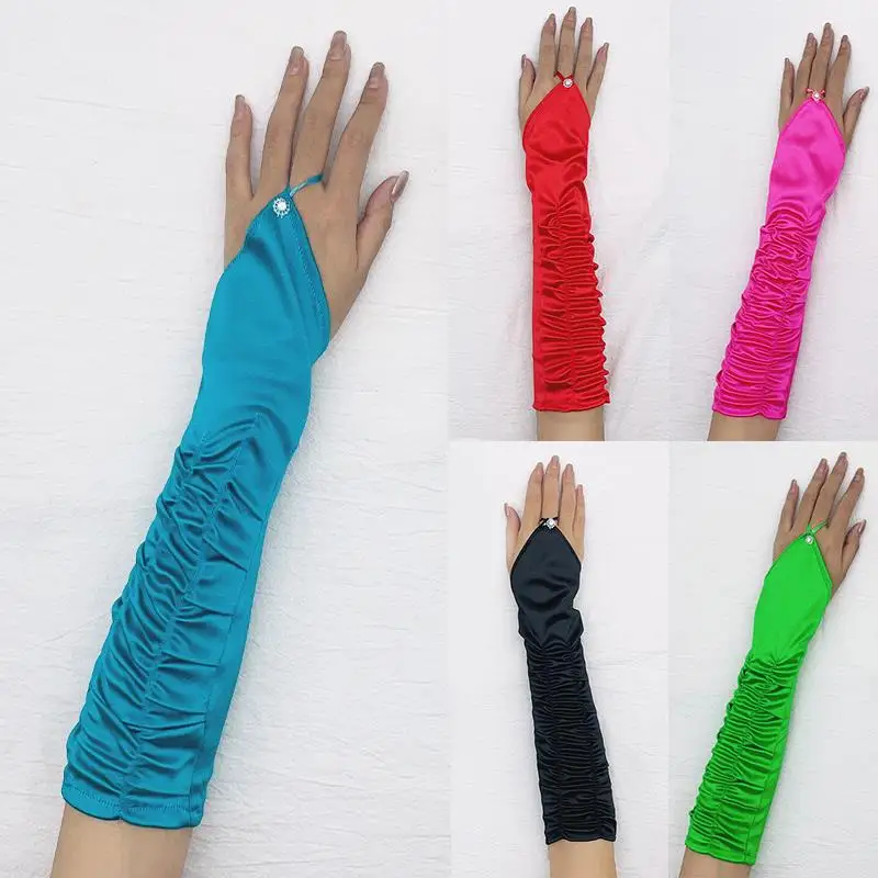 

Rhinestone Hooking Finger Pleated Etiquette Mittens Wrinkle Fingerless Satin Long Gloves Elbow Length Wedding Party Gloves