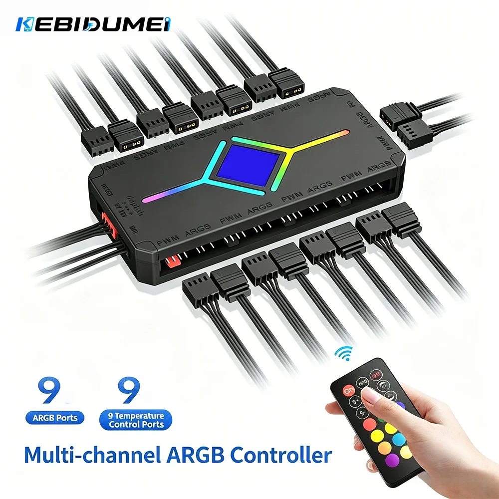 KEBIDUMEI 1 bis 9 Port ARGB PWM Lüfter-Hub-Adapter mit ARGB-Controller 5V 3-Pin Kühlungslüfter-Hub-Splitter PWM Magnetischer Saughub