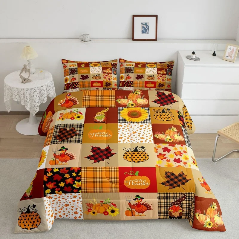 Autumn Pumpkin Country Farmhouse Maple Leaf Sunflower Quilt Set Thanksgiving Turkey Boy Girl Adult Room Decoration