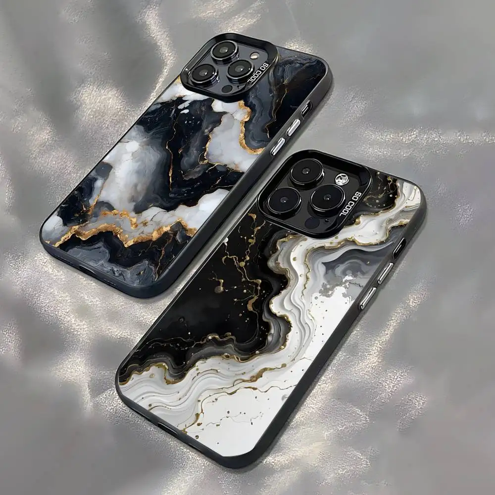 

B-Black Gold Marble Art Phone Case For iPhone 17,16,15,14,13,12,11,Pro,XS,Max,Plus,Mini,SE Black Candy Matte Shockproof Cover
