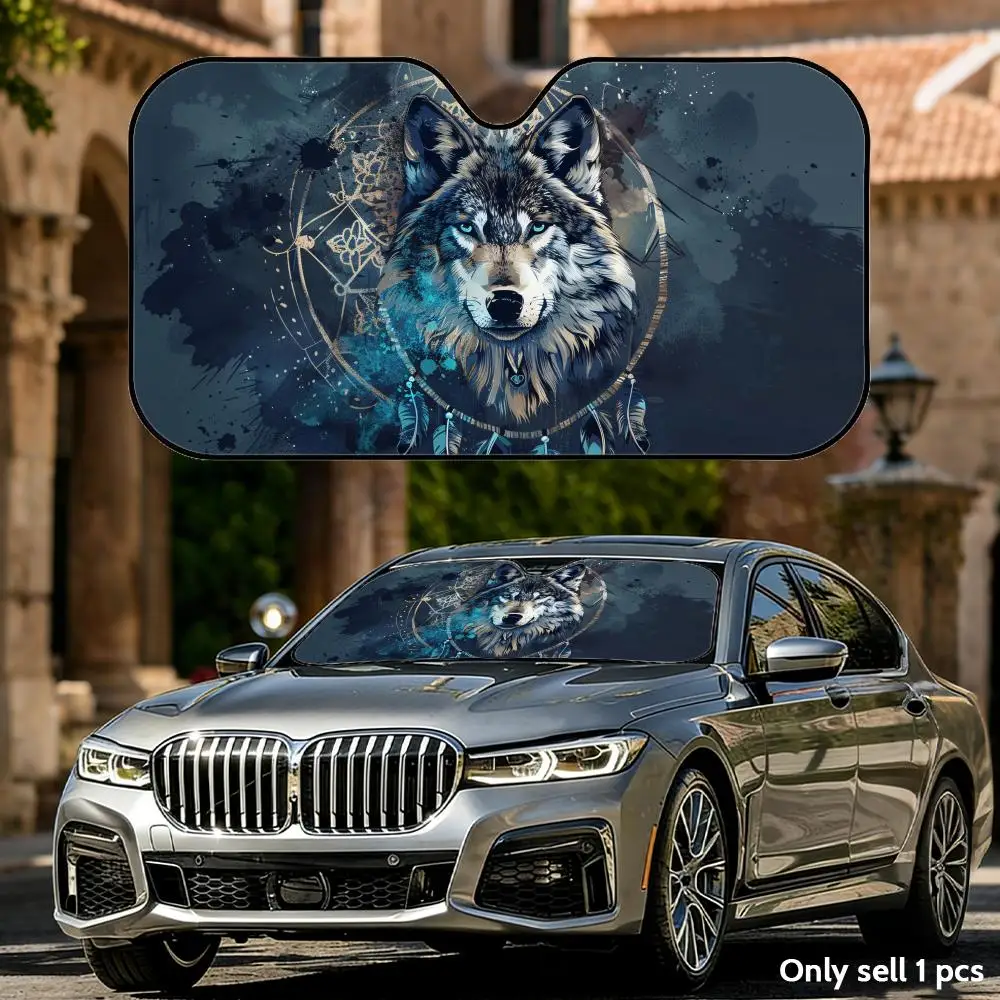 Native Tribal Wolf Sun Visor Foldable Universal Car Windshield Sun Shade UV Protection Heat Insulation Foldable Cover