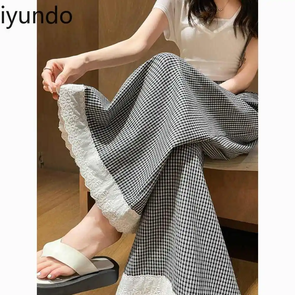 

Large-sized Korean-style Lace Checkered Wide-leg Casual Pants for Women New Summer Loose Fashionable and Versatile Trousers