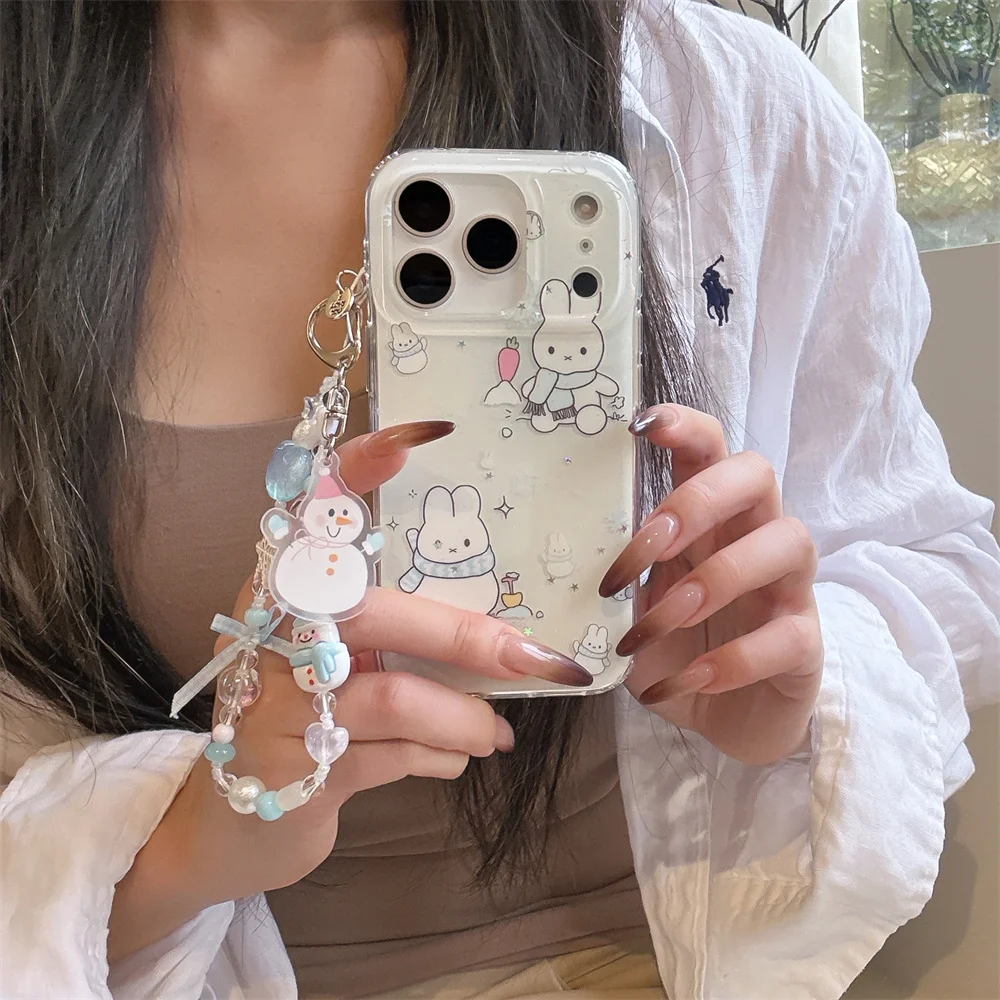 

Kawaii Snowman Bunny Cartoon Phone Case for iPhone 14 Pro 13 15 Pro Max 16 17 Max Cover with Chain Cute Protective Cover 17 Case