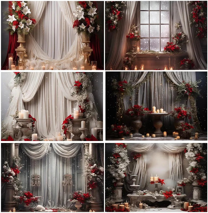 Flowers White Curtain Backdrops For Valentine's Day Candlelight Romantic Interior Window Snow Outside Love Backgrounds Supplies