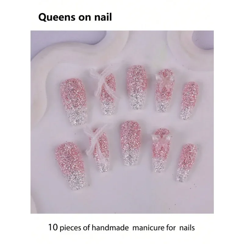 

10 Pieces Handmade press on Nails Ballet Style Fake Nails/Sfumato/Lace Bow/Sparkling Sequins/Metal Butterfly