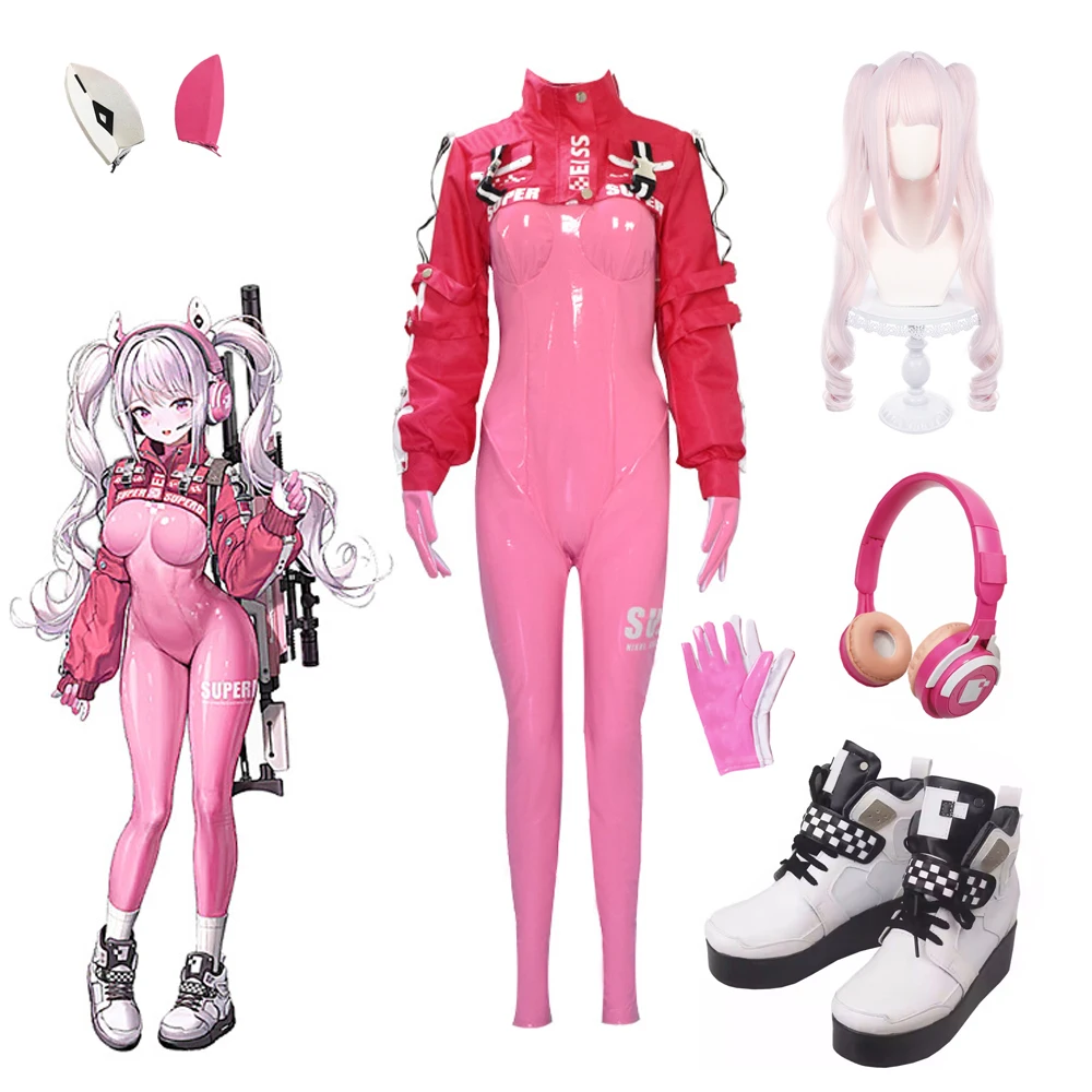 

Nikke Alice Game Cosplay Costume Wig Shoes Sexy Latex Catsuit Bodysuit Pink Jumpsuit Jacket Suit For Women Girls Weapon Props