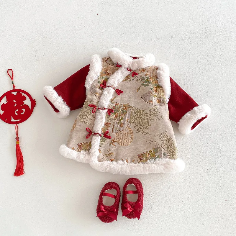 

Новогодняя одежда для девочек, новинка 2025 года, зимнее детское красное хлопковое платье-куртка, детское плотное платье в стиле ретро