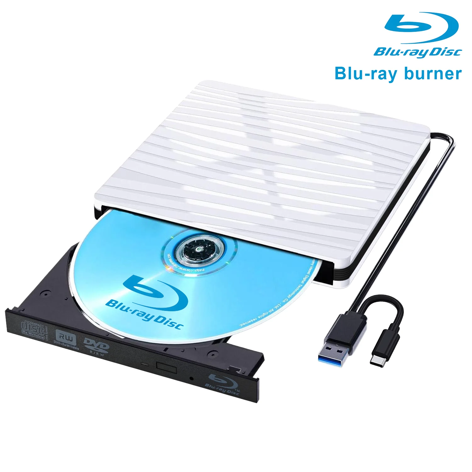 Externe Blu Ray-drive, USB 3.0 en Type-C 3D Blu-ray-branderspeler, DVD/CD/BD-lezer Schrijver Optische drive voor laptop Desktop PC