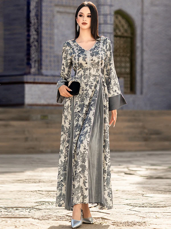 

Ele Long Sve Satin Print Dr Dubai Travel Dr Hand Sewn Beads Large Size Middle East Long Dr Vintage Sle mid ...